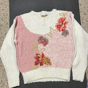Needless & Yarn Pink and White Crew Neck Sweater with Floral Appliques